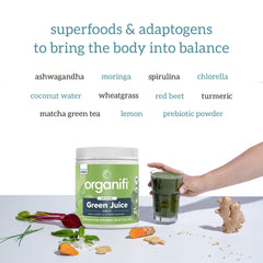 Organifi Green Juice ingredients spirulina and chlorella highlighted for nutrient-dense greens.