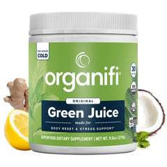 Organifi Green Juice powder tub with vibrant greens for daily energy support.