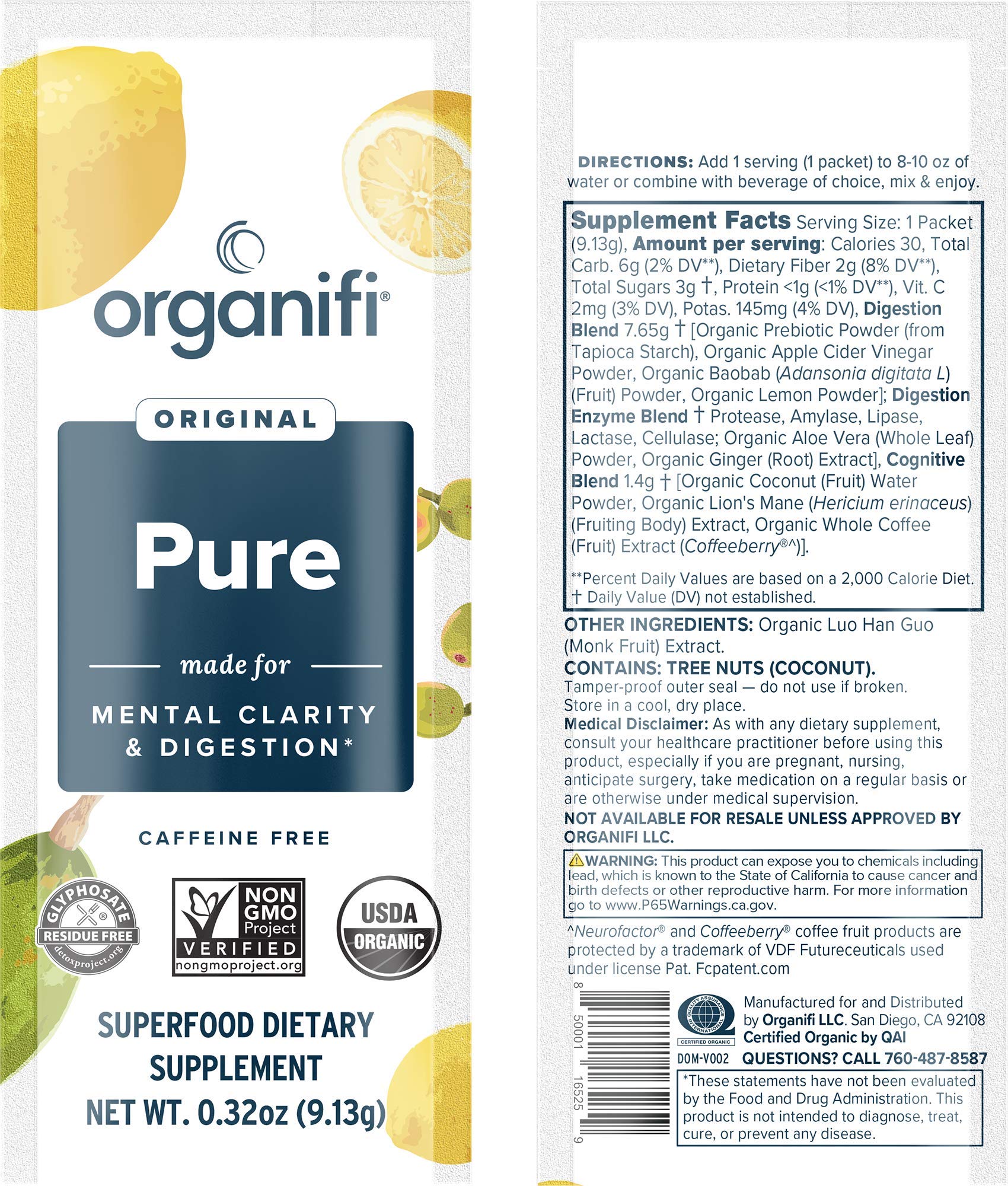 Lemon-flavor Organifi Pure Smart Packs sachets for brain and immunity support