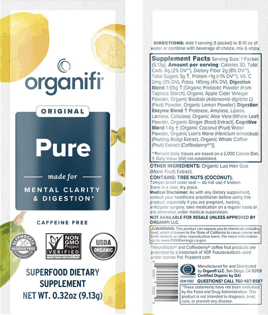 Lemon-flavor Organifi Pure Smart Packs sachets for brain and immunity support
