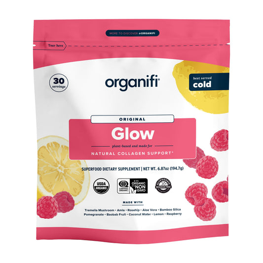 Hero shot of Organifi Glow vegan collagen powder with glass of prepared drink