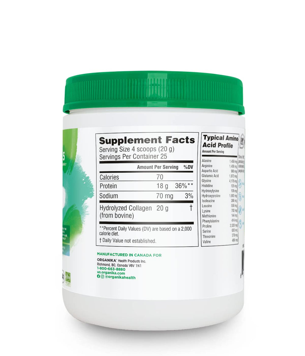 Back of Organika collagen bottle showing nutrition facts