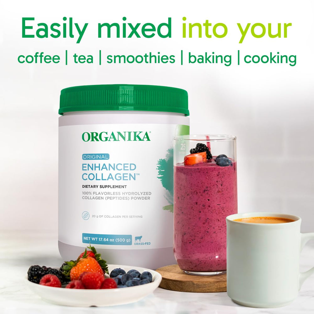 Collagen powder being blended into a smoothie