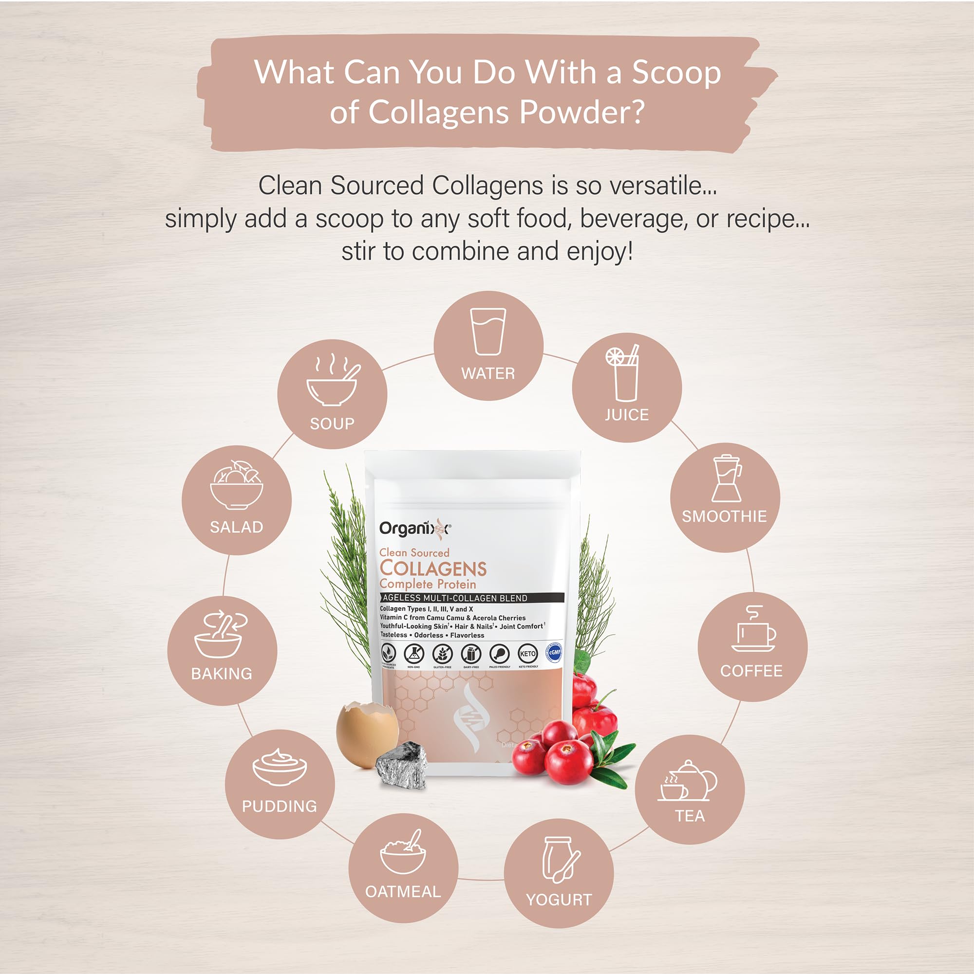 Ingredients highlight showing vitamin C and zinc for absorption