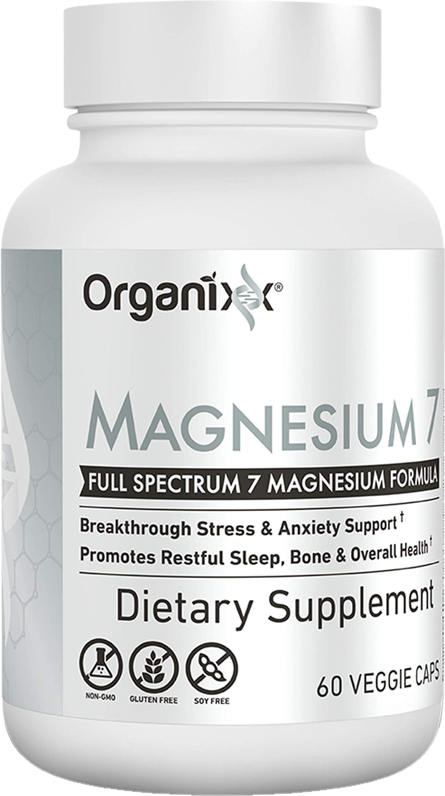 Gluten-free, vegan, non-GMO attributes of Organixx Magnesium 7-Form Complex