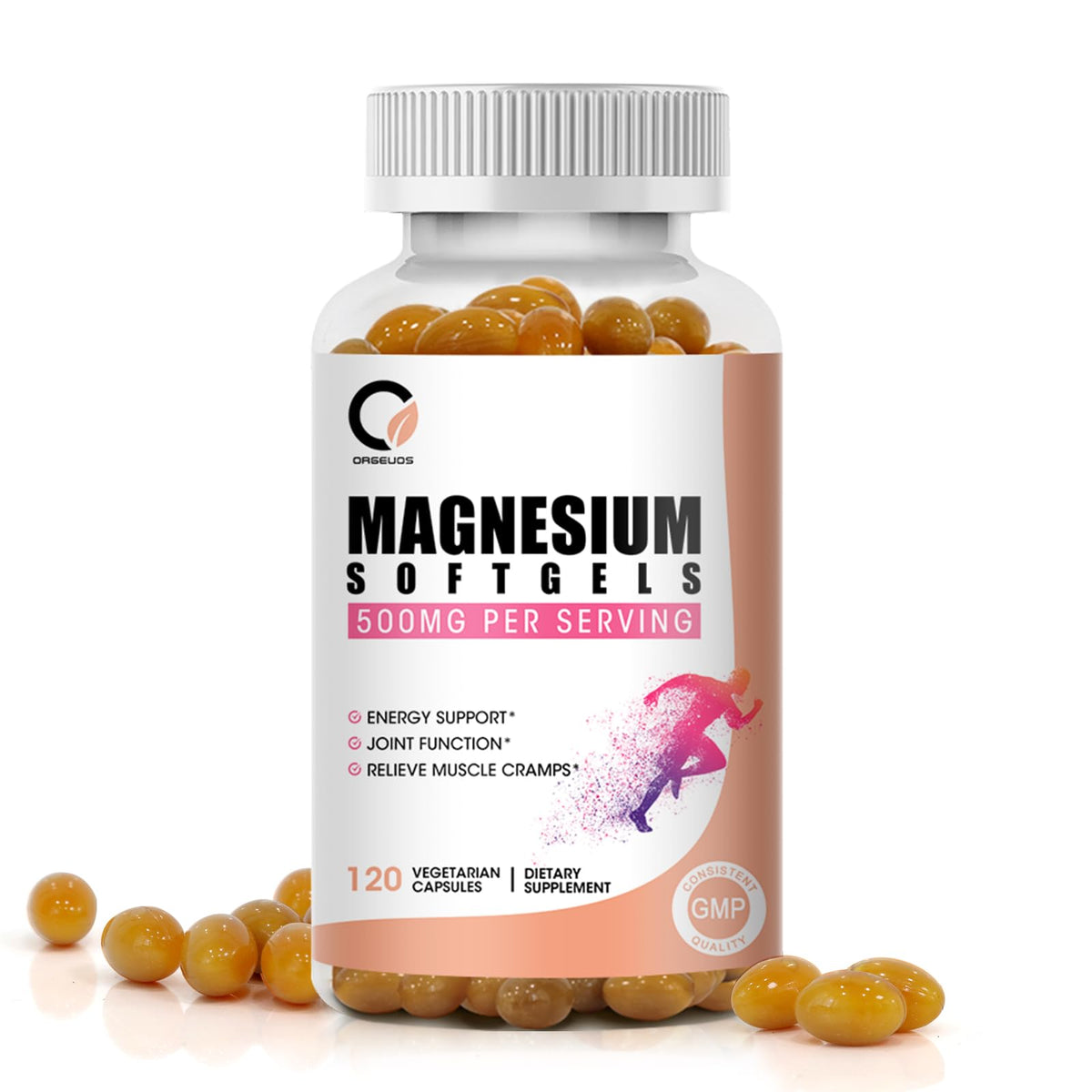 Bottle of ORGEUOS Magnesium Glycinate 500mg capsules, 120 count