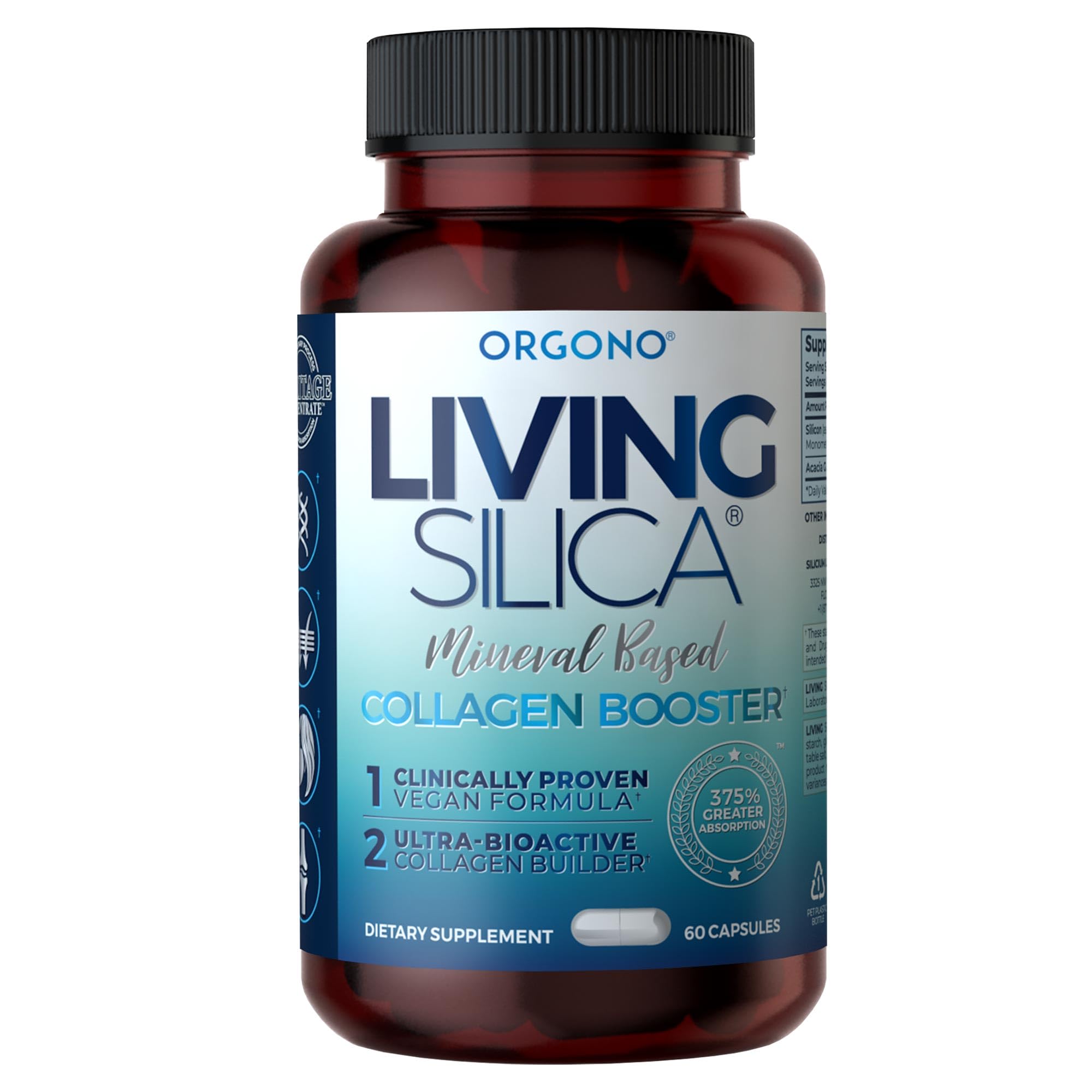 Orgono Living Silica Capsules bottle with label – 60 capsules