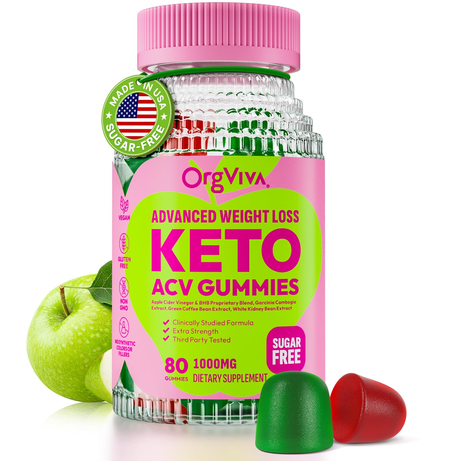 ORGVIVA front packaging of Keto ACV Gummies highlighting sugar-free weight support