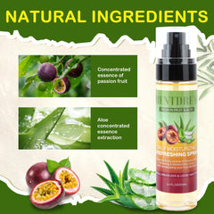 Orientdreads Passion Fruit Hair Mist being sprayed for refreshing moisture and aroma