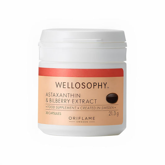 Oriflame Wellness Astaxanthin & Bilberry Extract supplement bottle