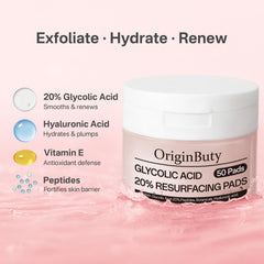 Originbuty glycolic pad close-up texture highlights gentle exfoliation and smooth skin feel