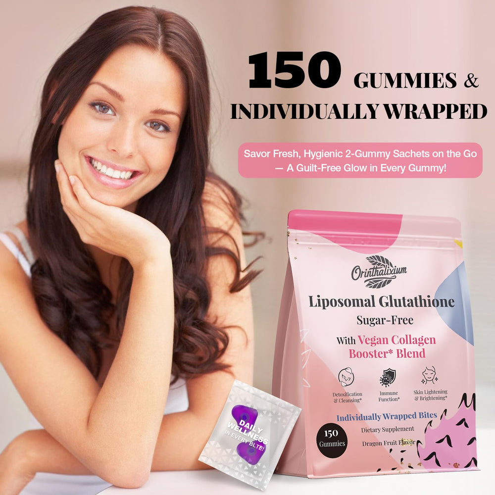 Packaging showing Orinthalixium Liposomal Glutathione Gummies 150 count