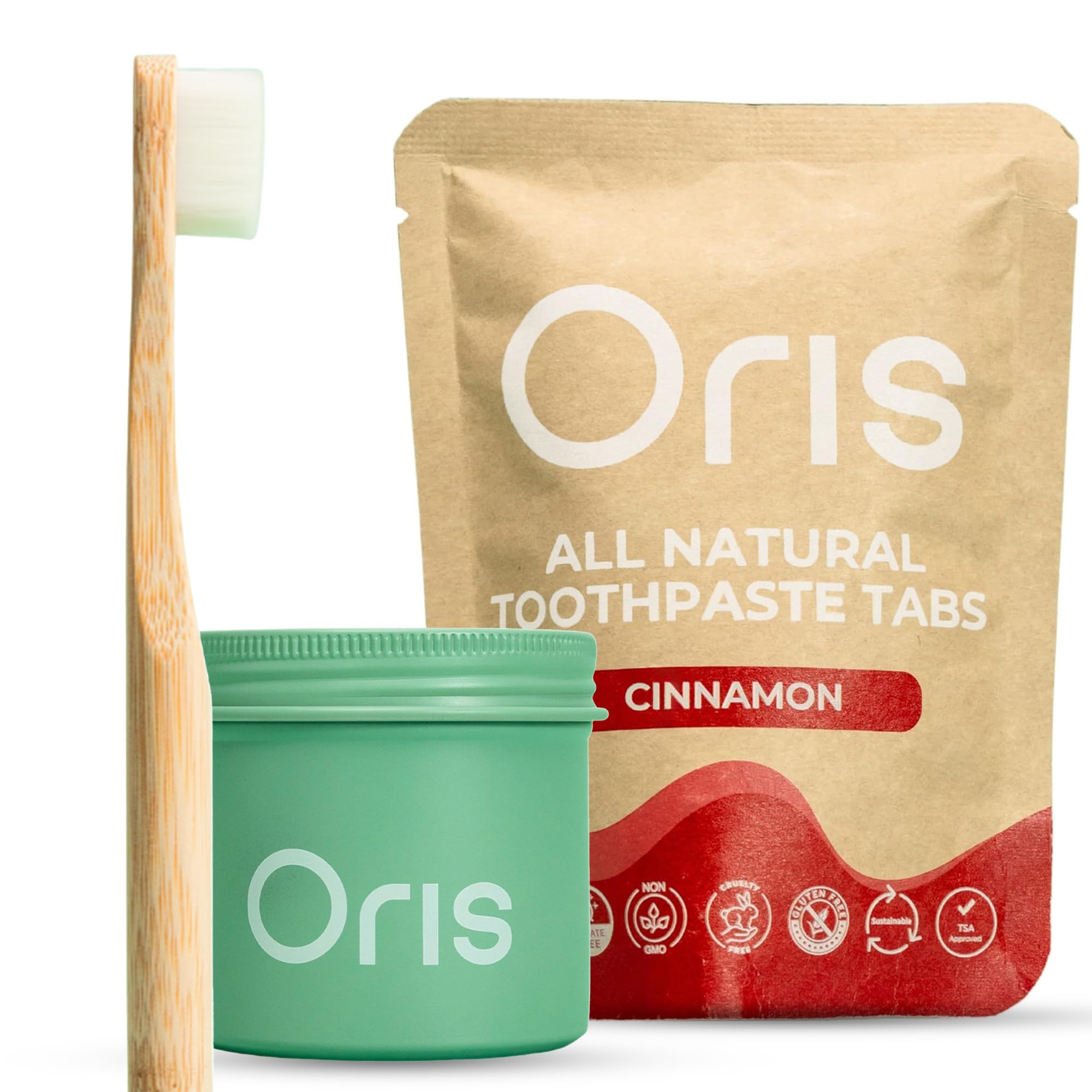 Oris Cinnamon toothpaste tablets in a 62-count starter bundle canister