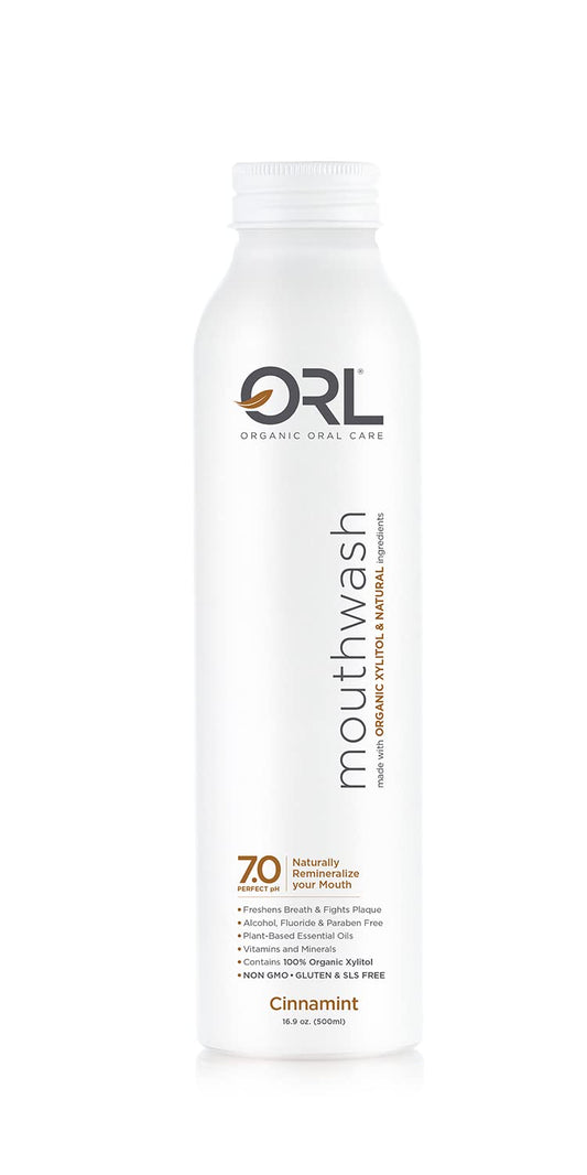ORL mouthwash in an eco-friendly aluminum bottle on a countertop