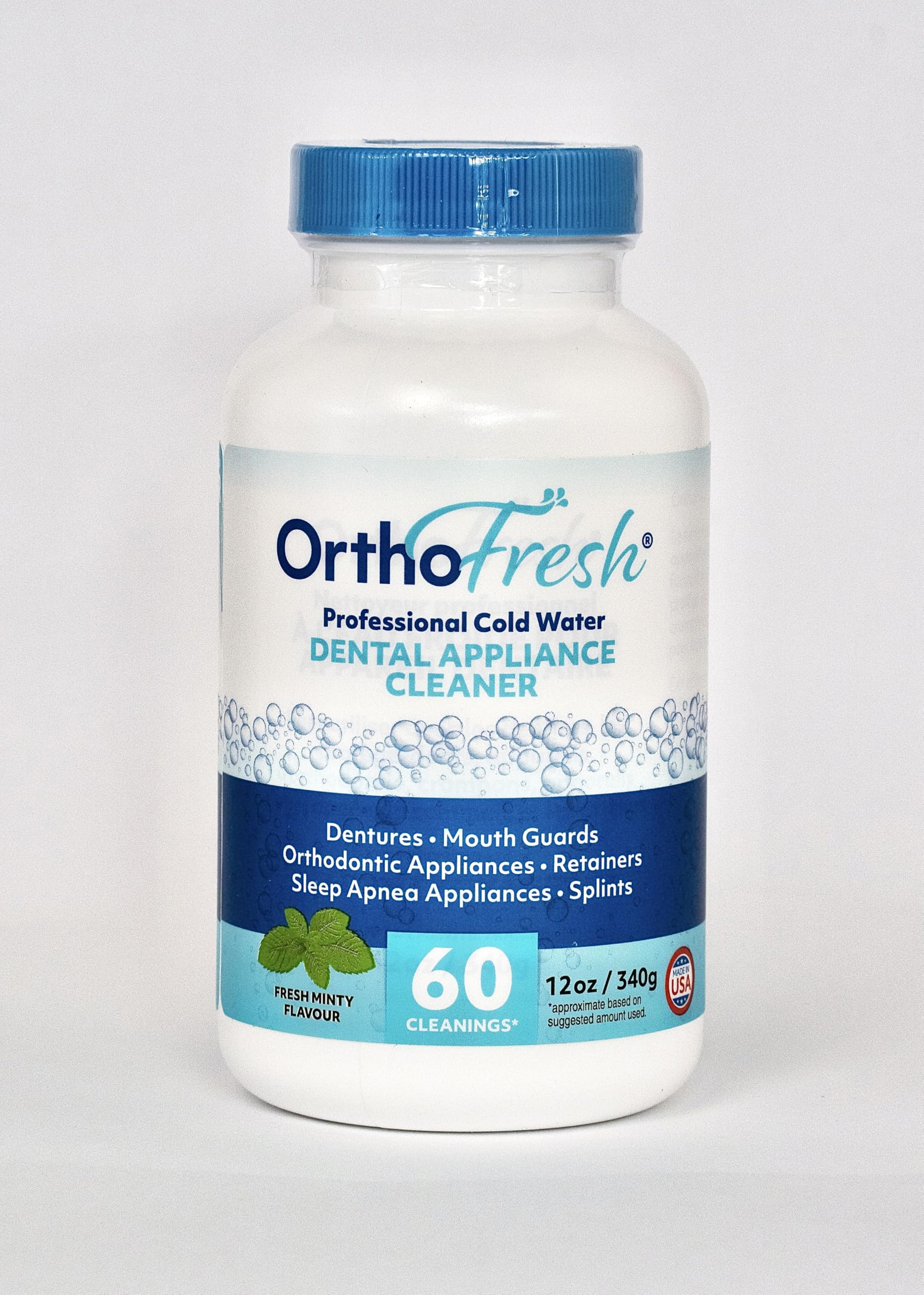 OrthoFresh packaging with scooper for dental appliance cleaner