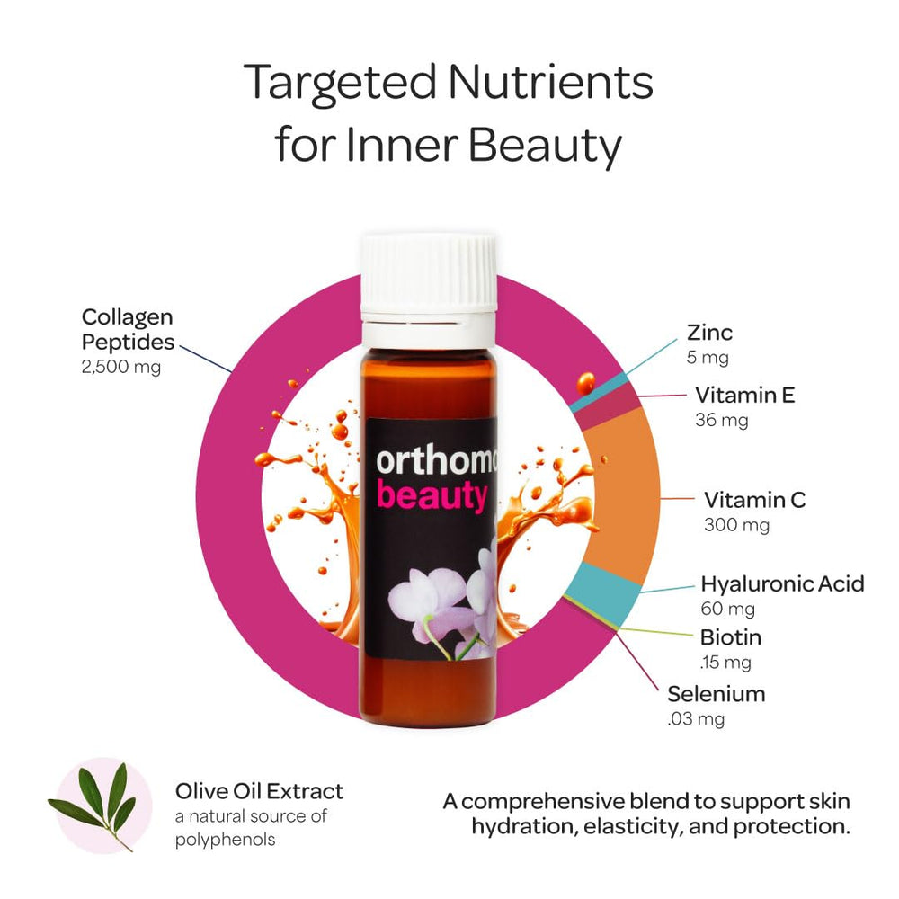 Close-up of Orthomol Beauty orange-flavored daily liquid vial