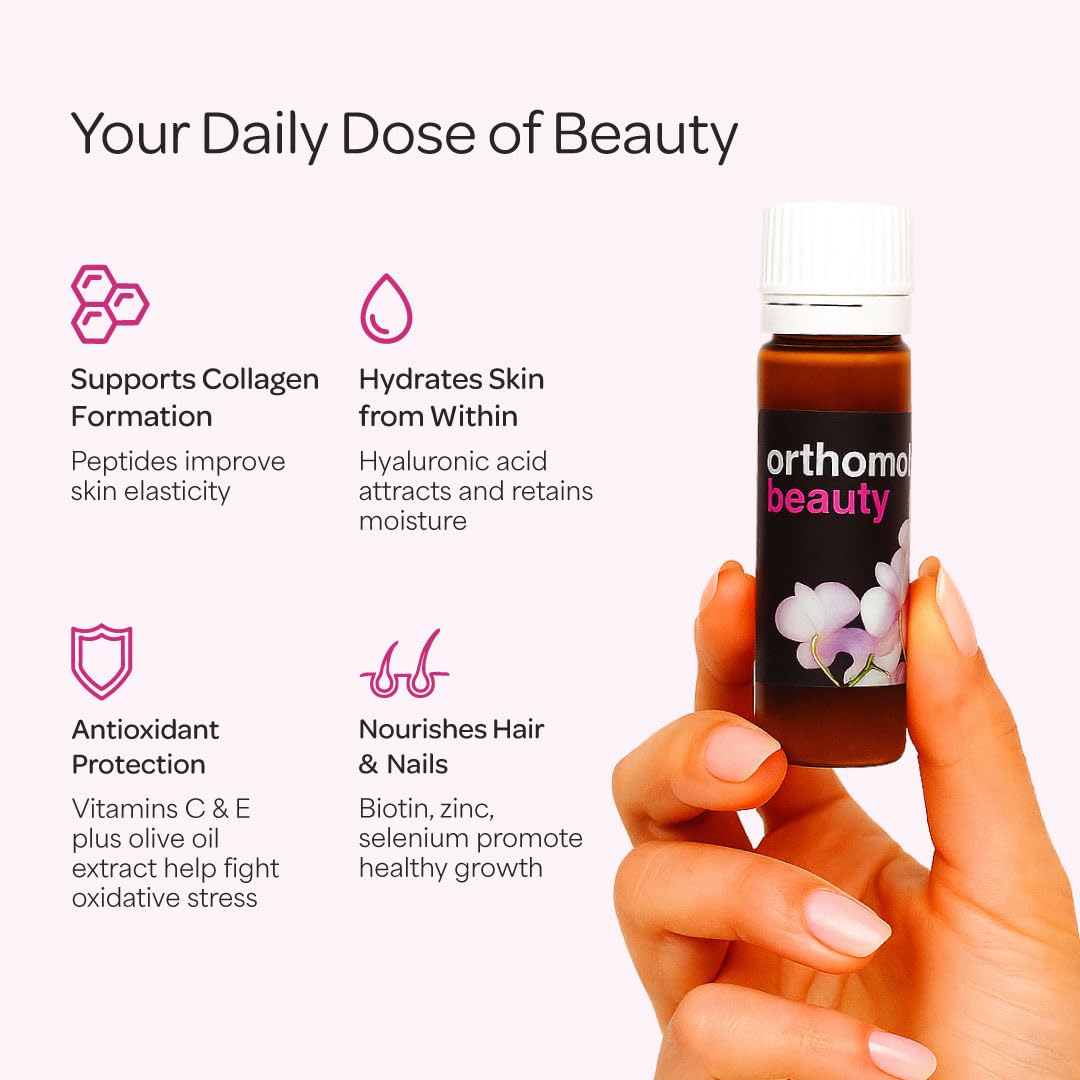 Bottled Orthomol Beauty showing vitamins including biotin, zinc and selenium
