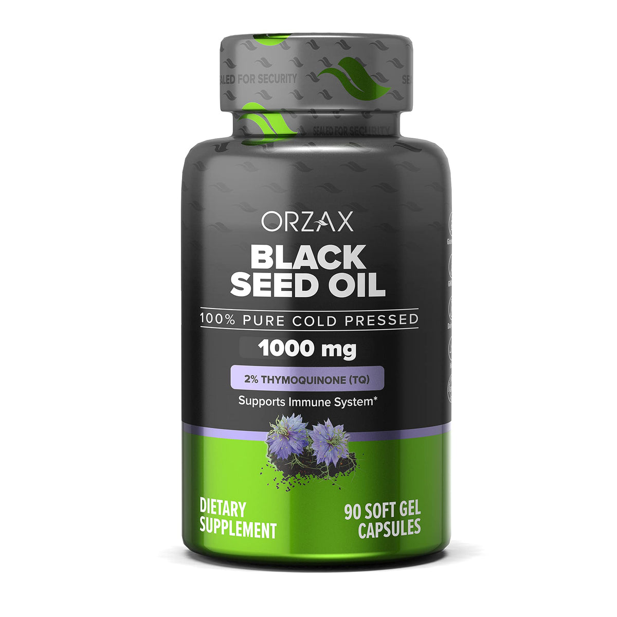 Orzax Black Seed Oil 1000 mg softgel bottle label close-up