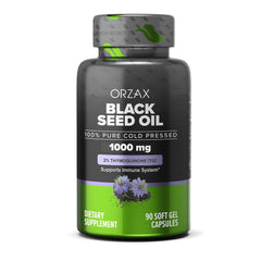 Orzax Black Seed Oil 1000 mg softgel bottle label close-up