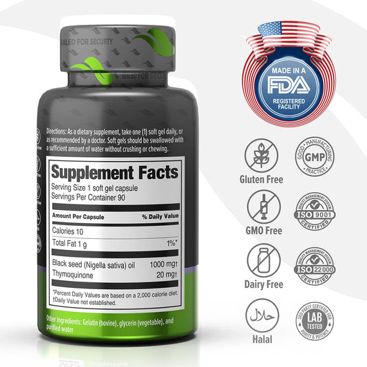 Orzax Black Seed Oil 1000 mg softgels bottle on white background