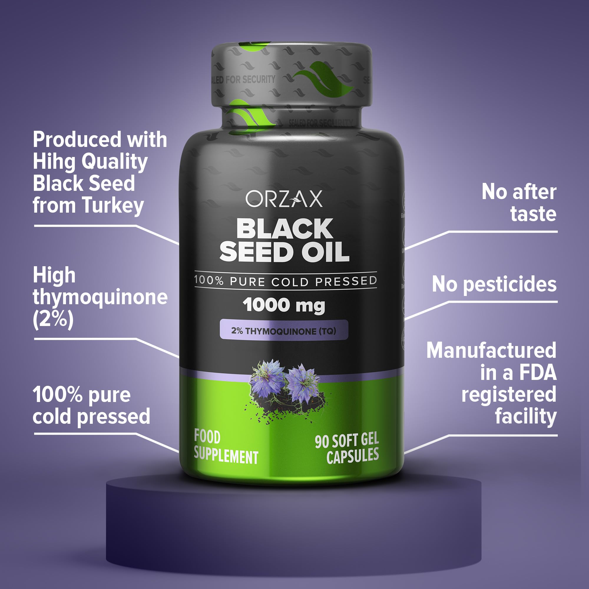 Non-GMO, gluten-free, dairy-free, halal icons for ORZAX Black Seed Oil
