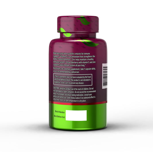 Close-up of ORZAX Elderberry Capsules bottle