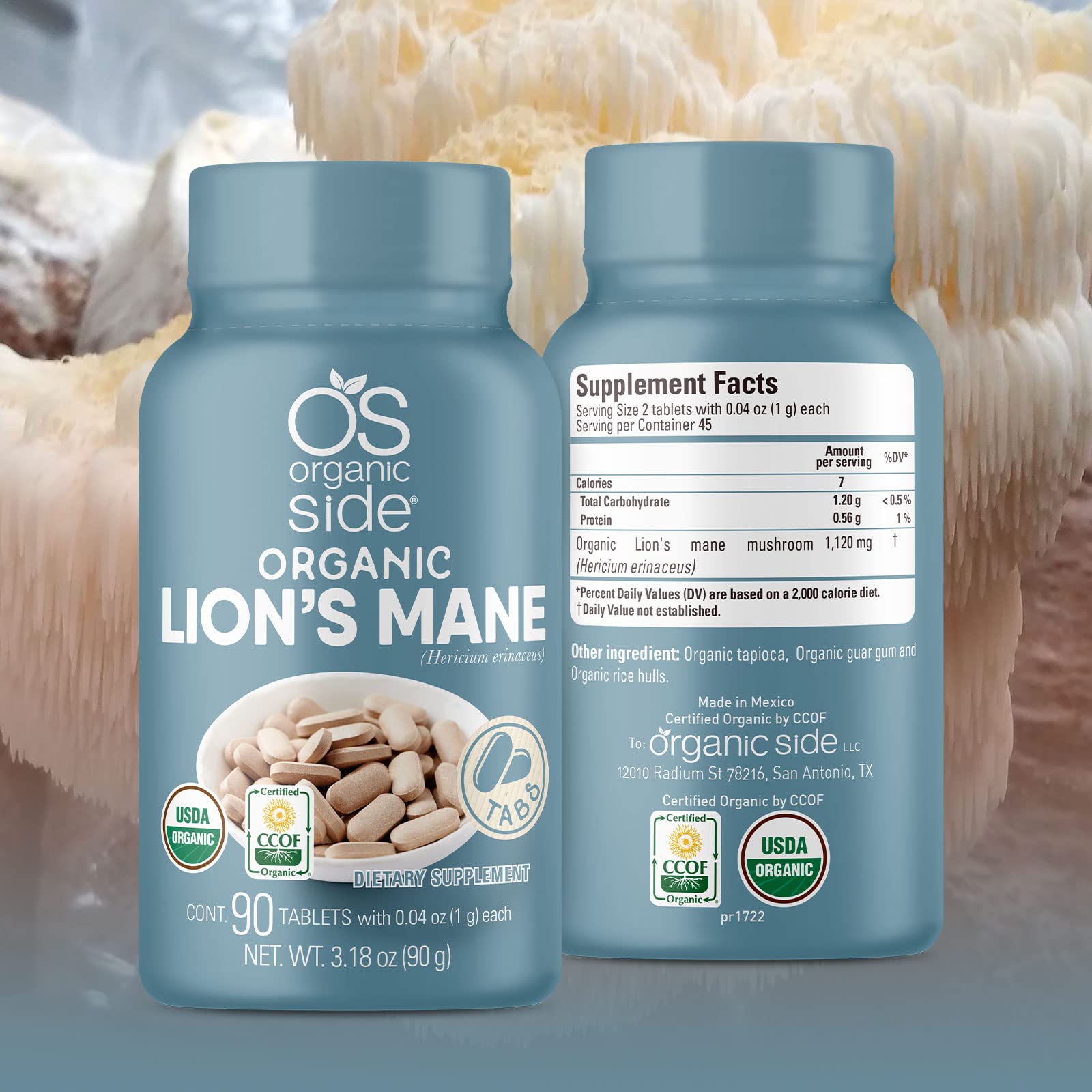 Close-up of USDA Organic and Non-GMO Lion's Mane label