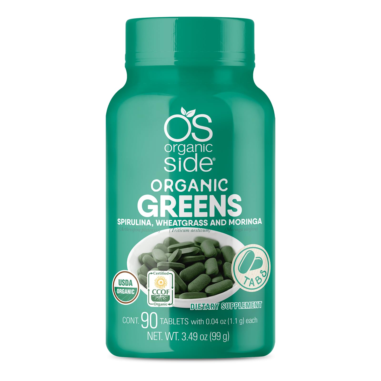 OS Organic Side Organic Greens bottle label featuring spirulina, wheatgrass and moringa