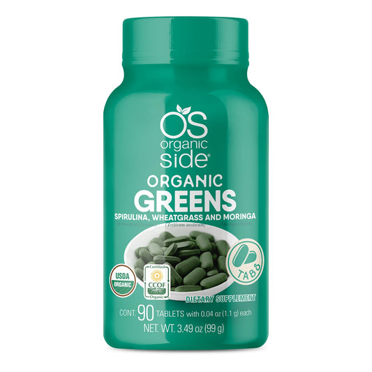 OS Organic Side Organic Greens bottle label featuring spirulina, wheatgrass and moringa