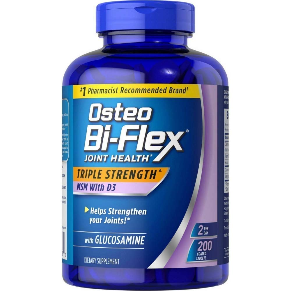 Osteo Bi Flex supplement bottle with glucosamine 1500 mg and vitamin D 1000 IU, 200-count, 1 pack