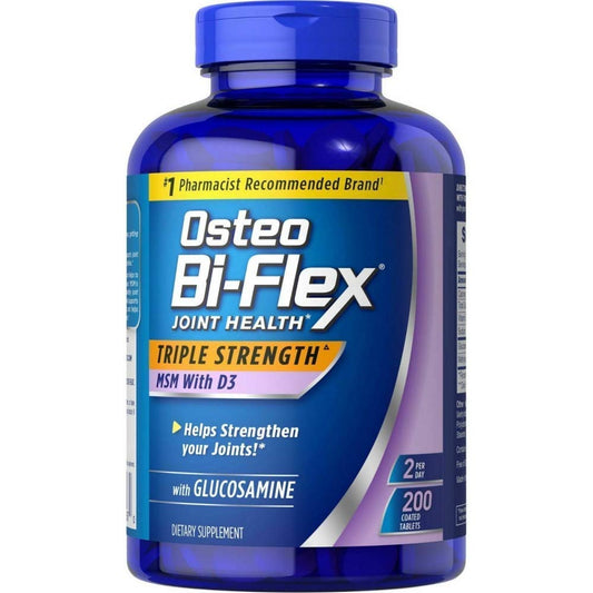 Osteo Bi Flex supplement bottle with glucosamine 1500 mg and vitamin D 1000 IU, 200-count, 1 pack