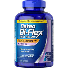 Osteo Bi Flex supplement bottle with glucosamine 1500 mg and vitamin D 1000 IU, 200-count, 1 pack