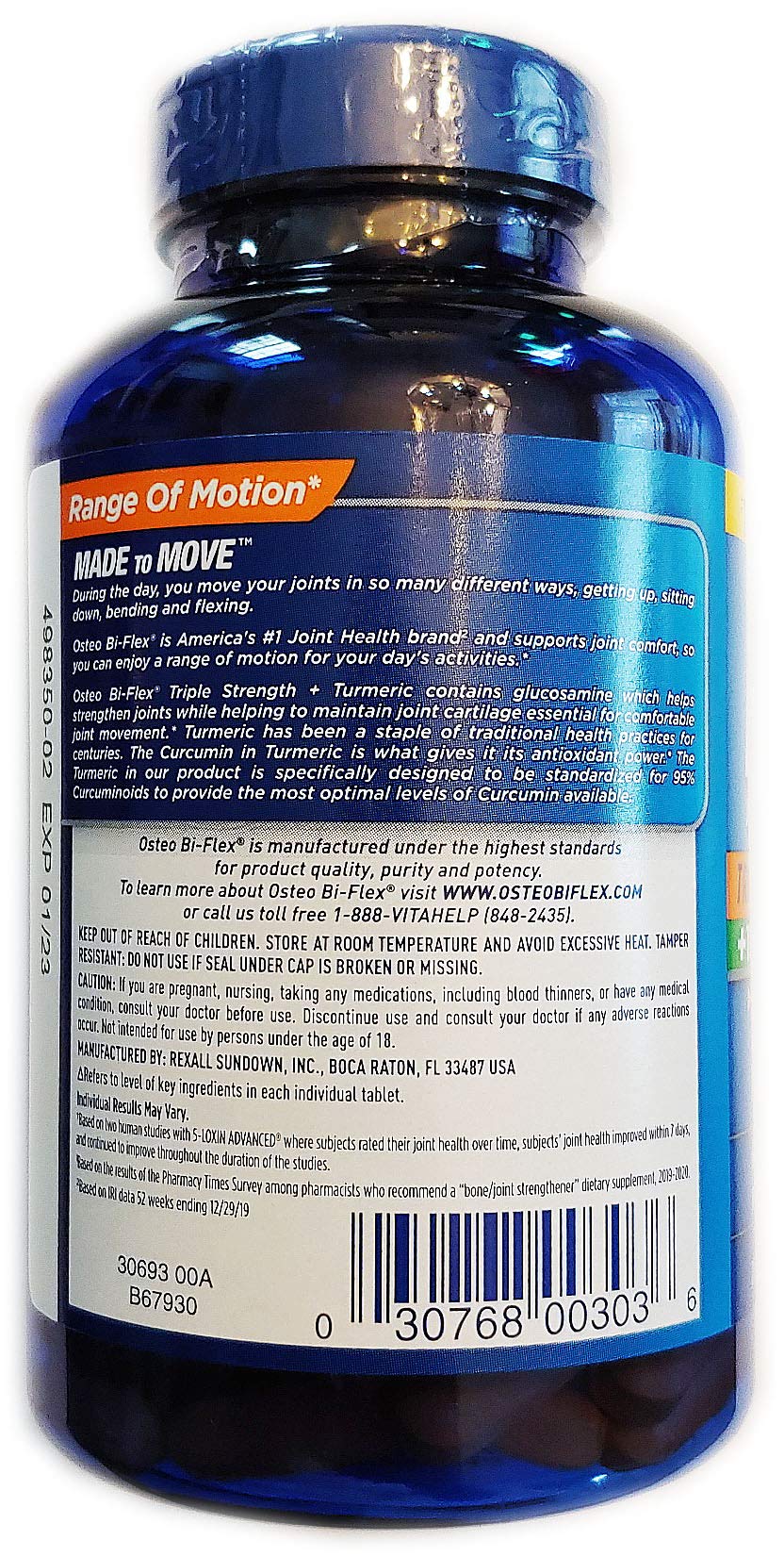 Osteo Bi-Flex turmeric label side view with curcuminoids emphasis