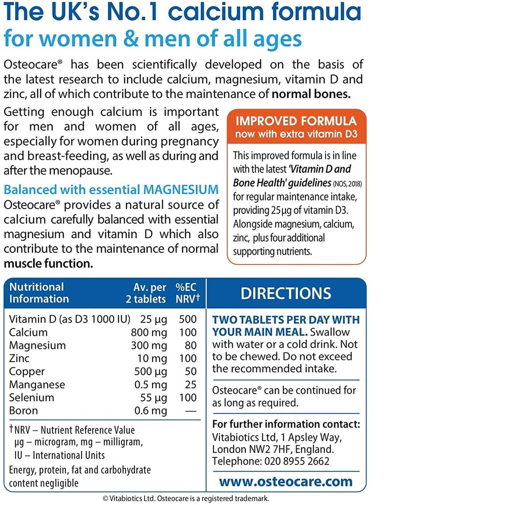 Close-up of Osteocare tablet highlighting components including calcium, magnesium, zinc and vitamin D3