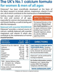 Close-up of Osteocare tablet highlighting components including calcium, magnesium, zinc and vitamin D3