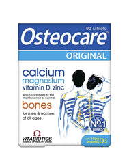 Vitabiotics Osteocare bottle and 90 tablets showing calcium 800mg, magnesium, zinc, and vitamin D3