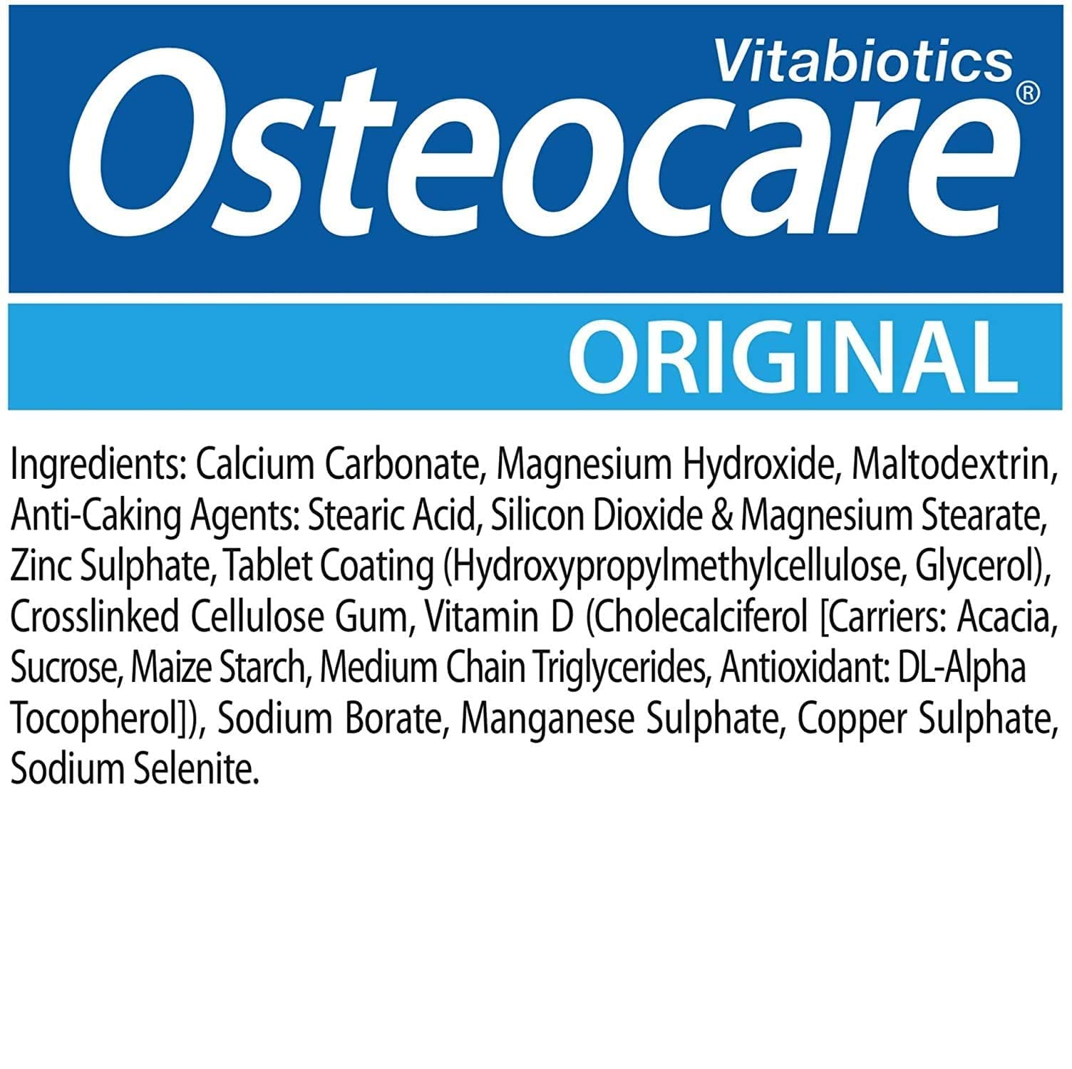 Illustration of key Osteocare ingredients: calcium, magnesium, zinc, and vitamin D3