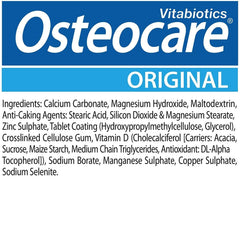 Illustration of key Osteocare ingredients: calcium, magnesium, zinc, and vitamin D3