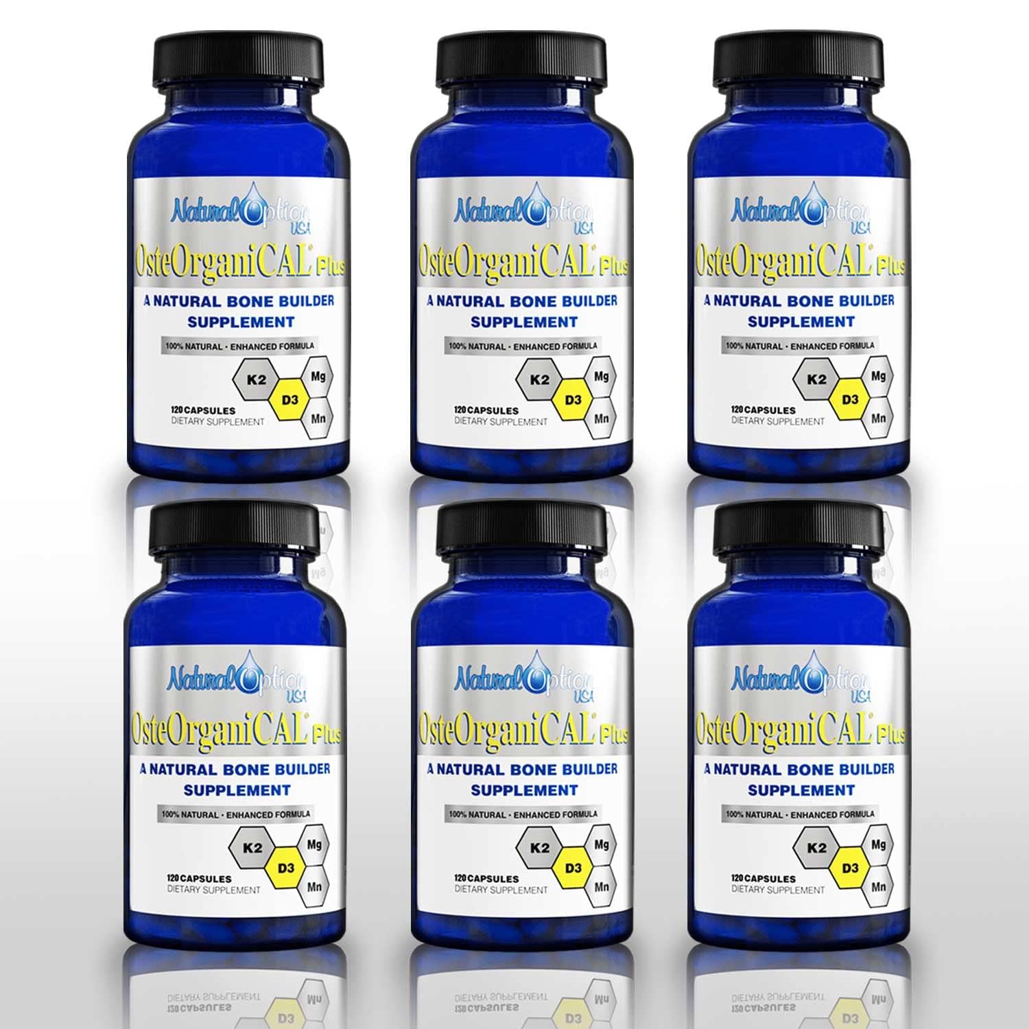 Osteorganical Plus bottle showing plant-based calcium supplement label