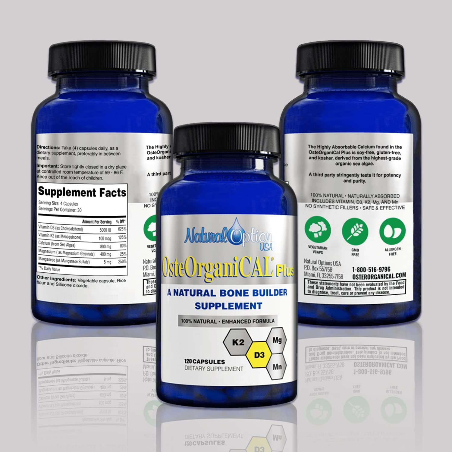 Close-up of ingredients: Vitamin D3, Vitamin K2, Magnesium Glycinate and Manganese