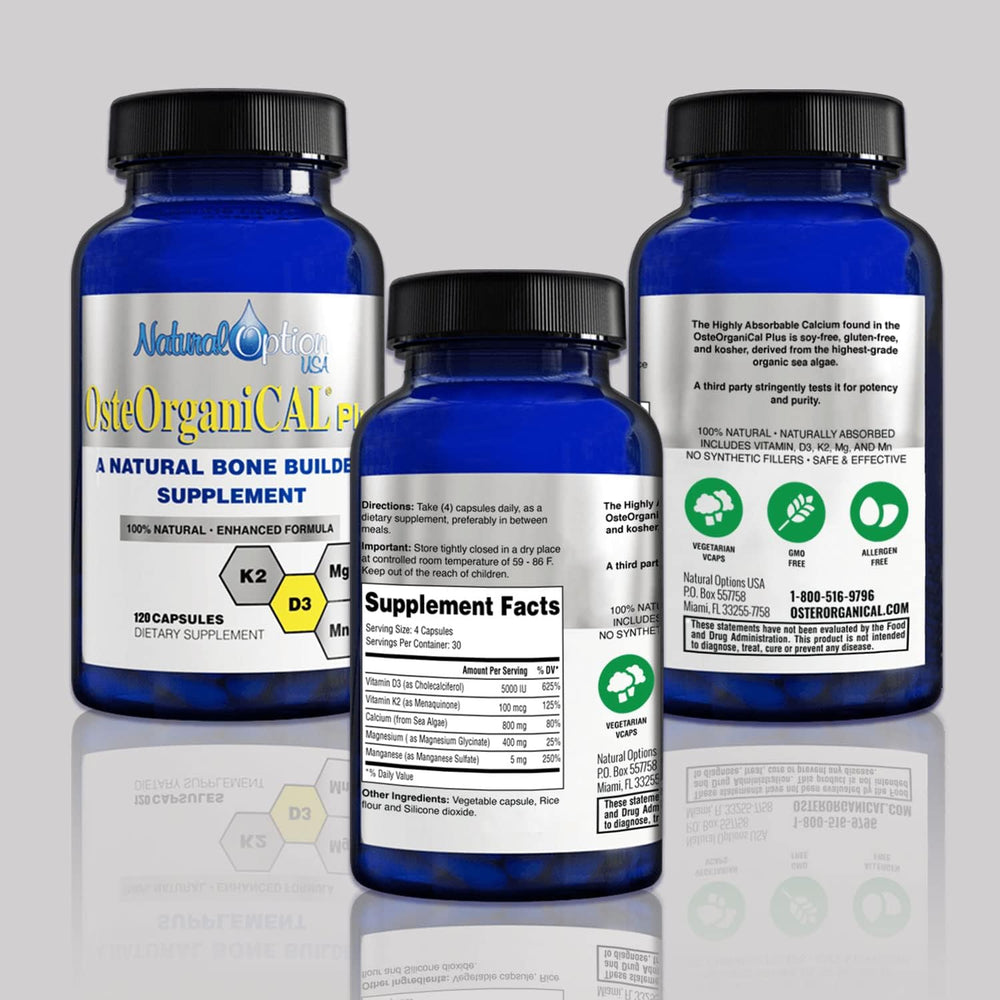 Six-pack packaging of Osteorganical Plus plant-based calcium supplement