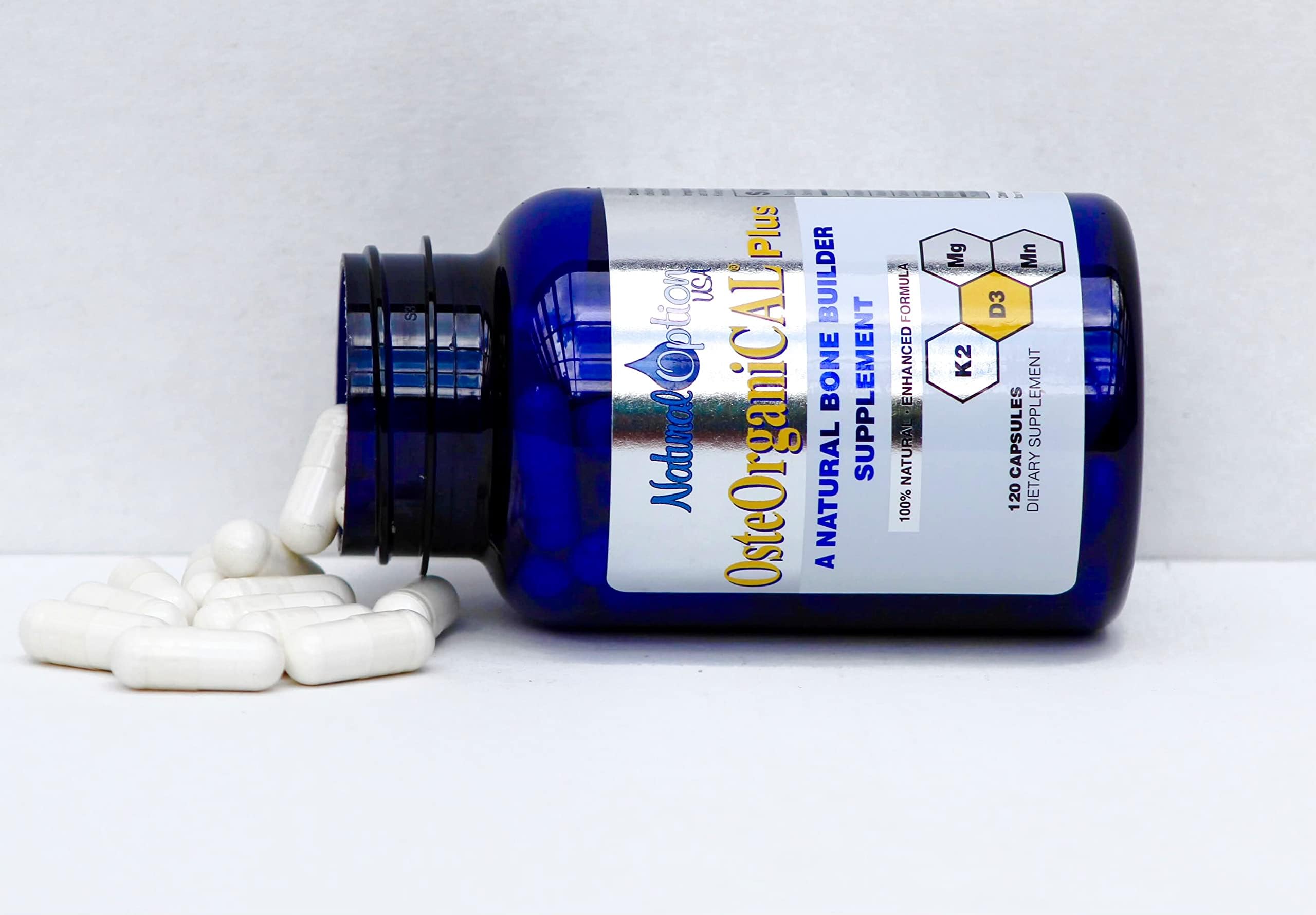 Front of 720-count Osteorganical Plus bottle highlighting plant-based calcium source