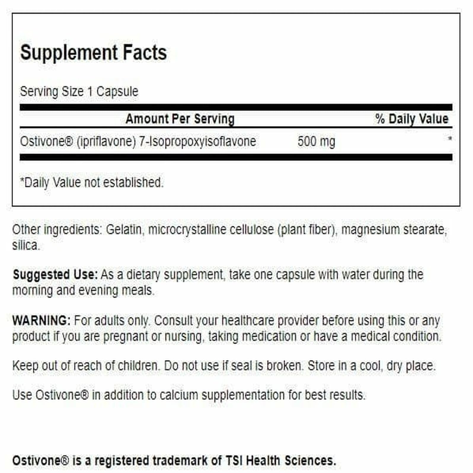 Back label view of Ostivone 500 mg bottle