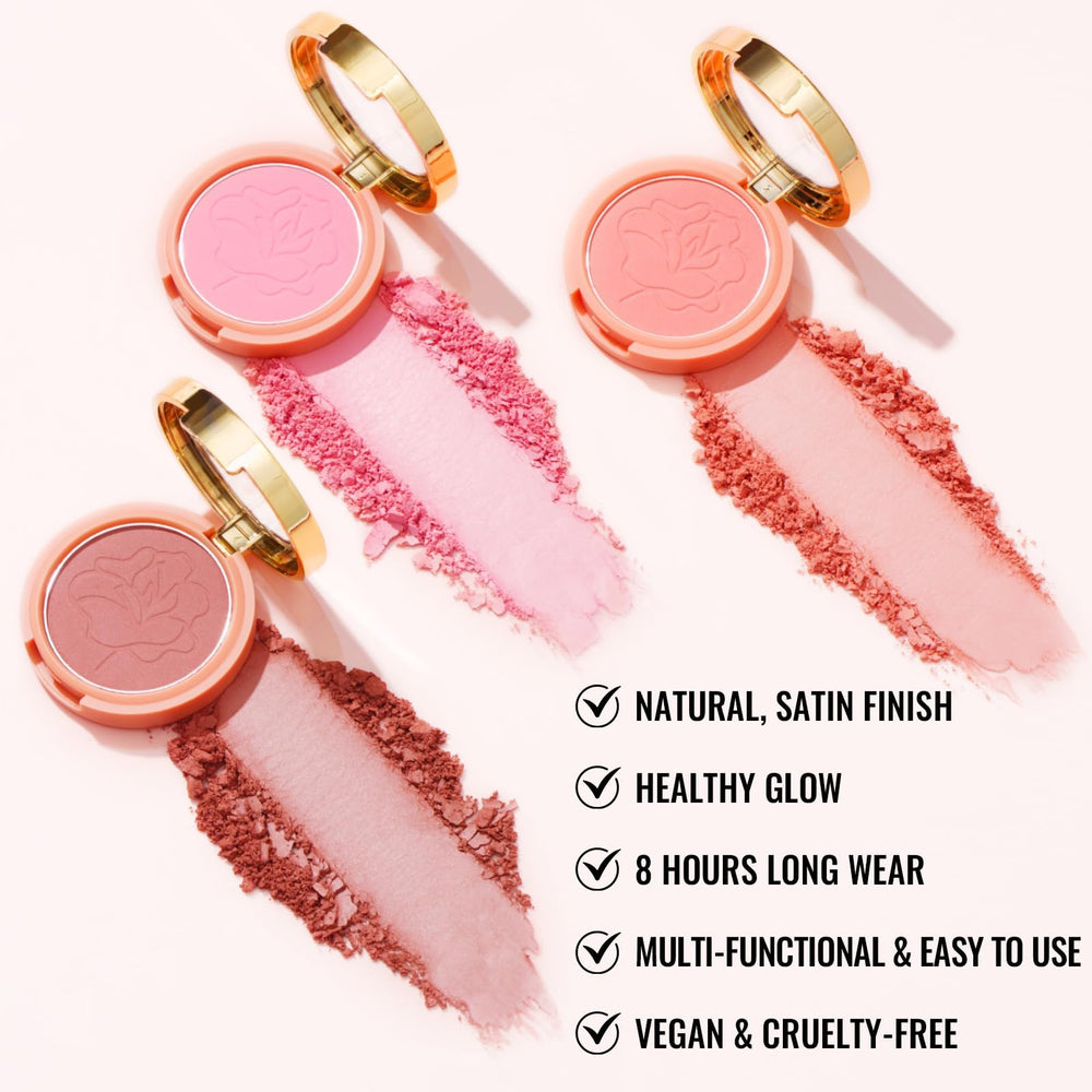 Close-up of Oulac Purple Blush powder texture for easy blending.