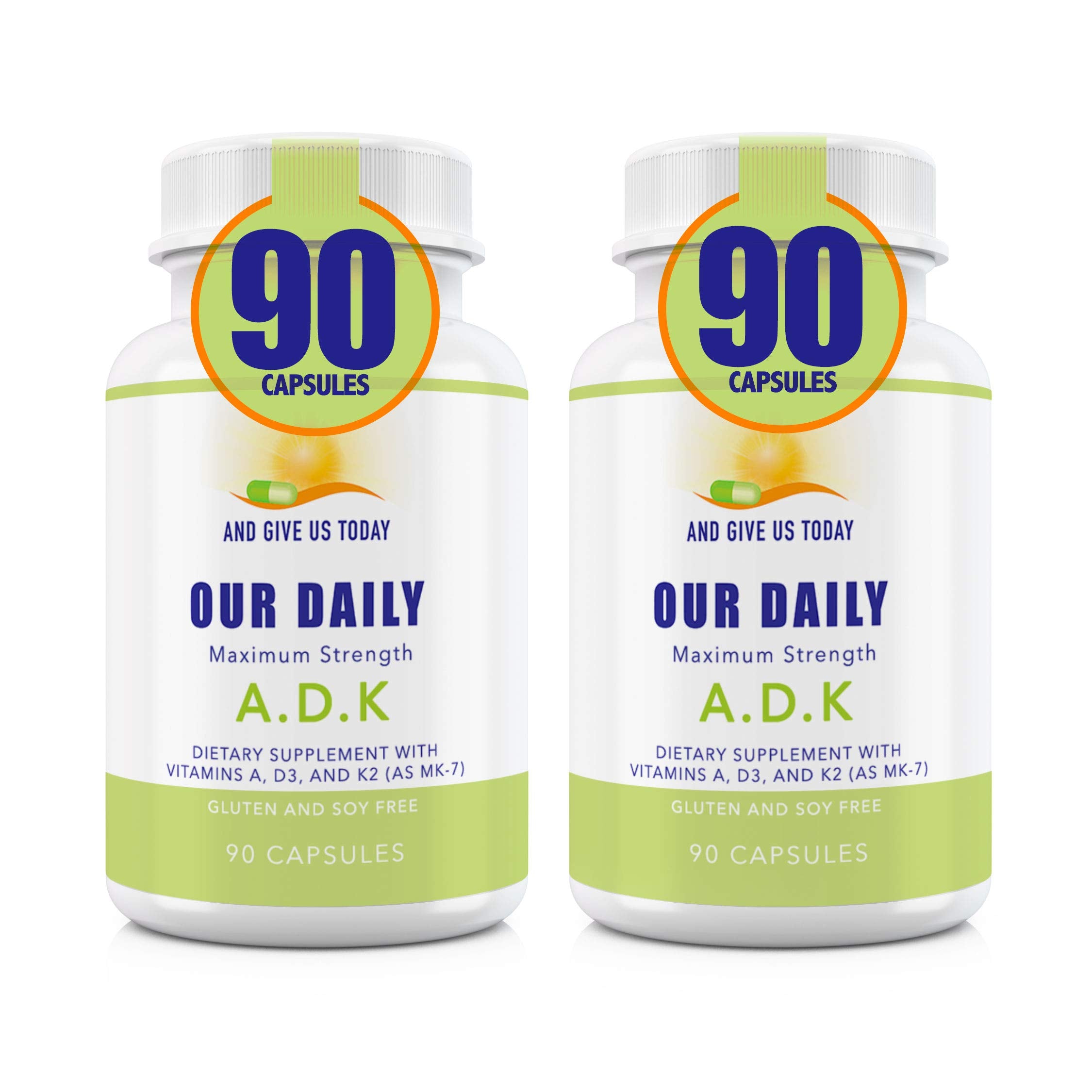 Front view of Our Daily Vites ADK supplement bottle