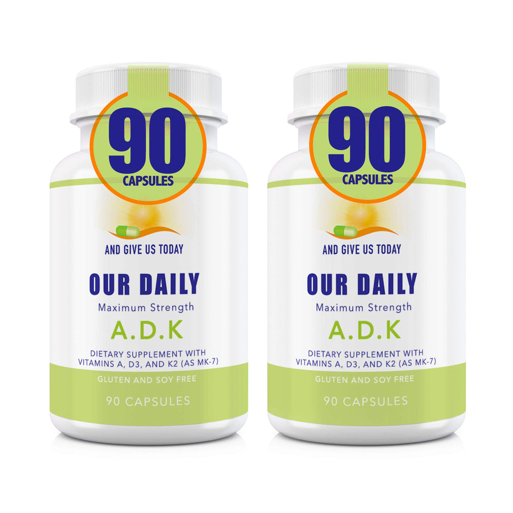 Front view of Our Daily Vites ADK supplement bottle