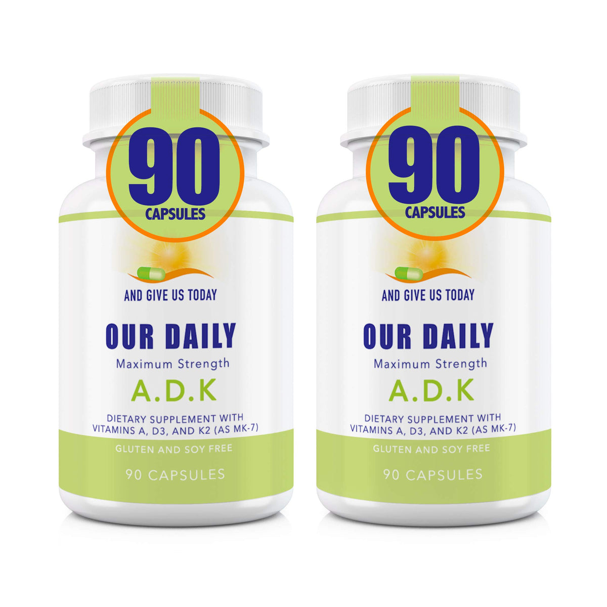 Front view of Our Daily Vites ADK supplement bottle