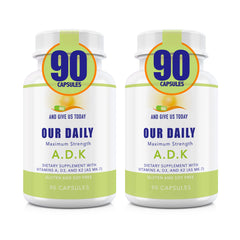 Front view of Our Daily Vites ADK supplement bottle
