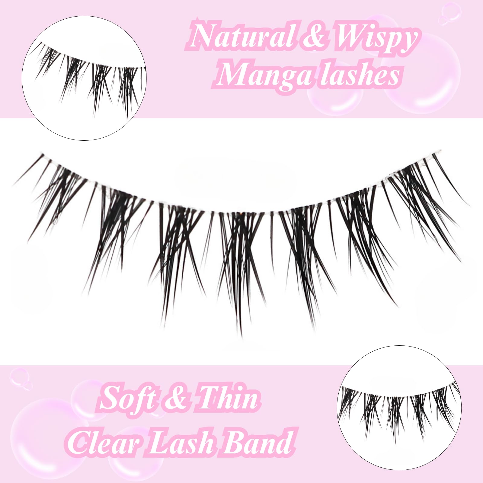 Outopen manga lashes with a clear band for seamless, natural look.