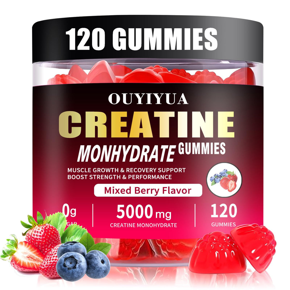 Front view of OUYIYUA Creatine Monohydrate Gummies Mixed Berry bottle